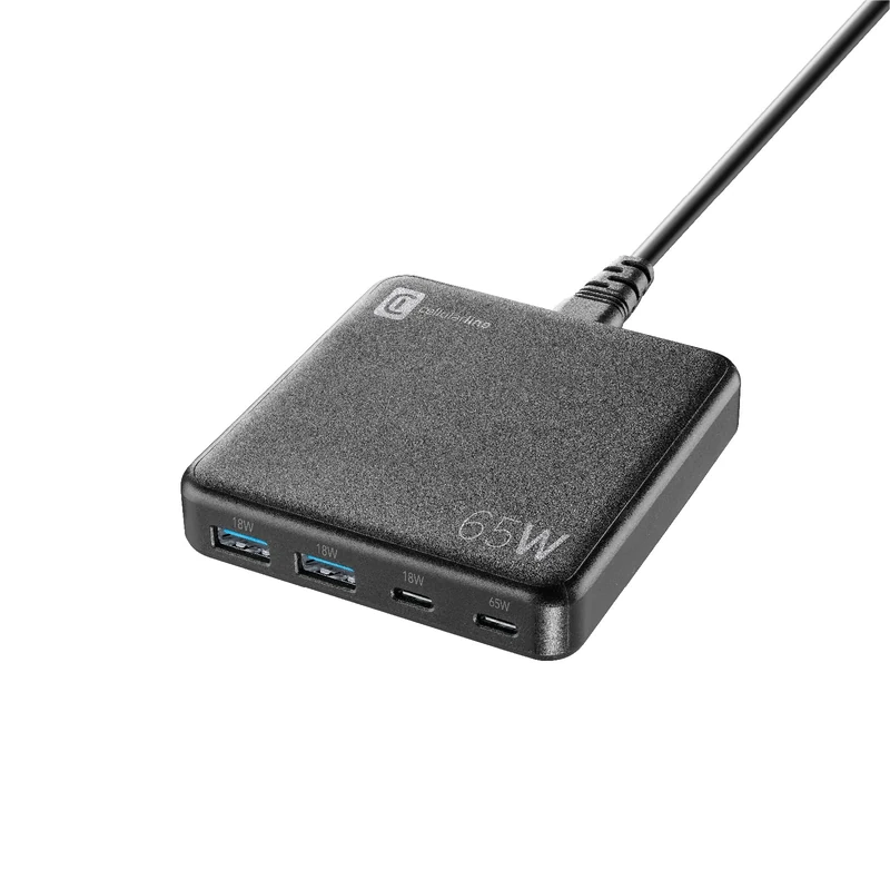 cellularline - Multipower Desk 65W - 4 Ports Gan 65W - Total Output 65W - 2 USB 18W Ports, 1 18W USB-C Ports and 1 65W USB-C Port - Ideal for Laptop Tablet Smartphones - Image 1