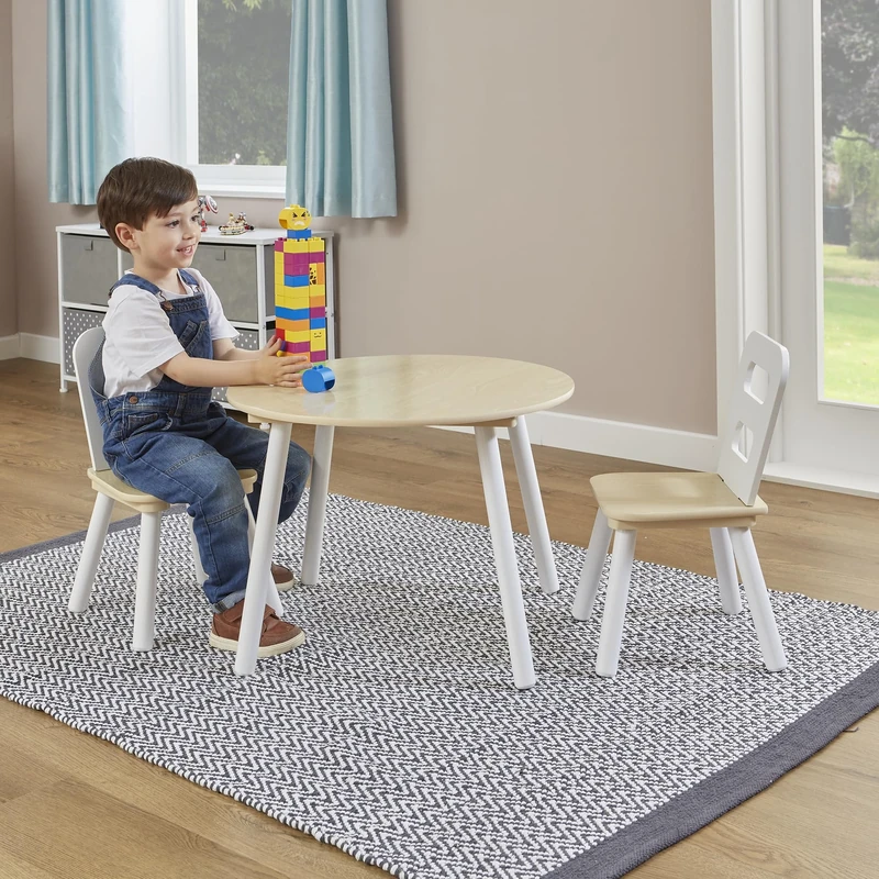 Liberty House Toys TF4915-N Kids Wooden Round Table and 2 Chairs Set, White and Pine,H440 x W600 x D600mm