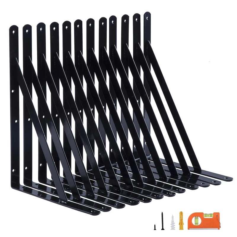 NEODROP 12-Pack 14 Inch Heavy Duty Shelf Brackets, Thicken Wall Bracket for Floating Storage Shelves, Black Powder-Coated Steel