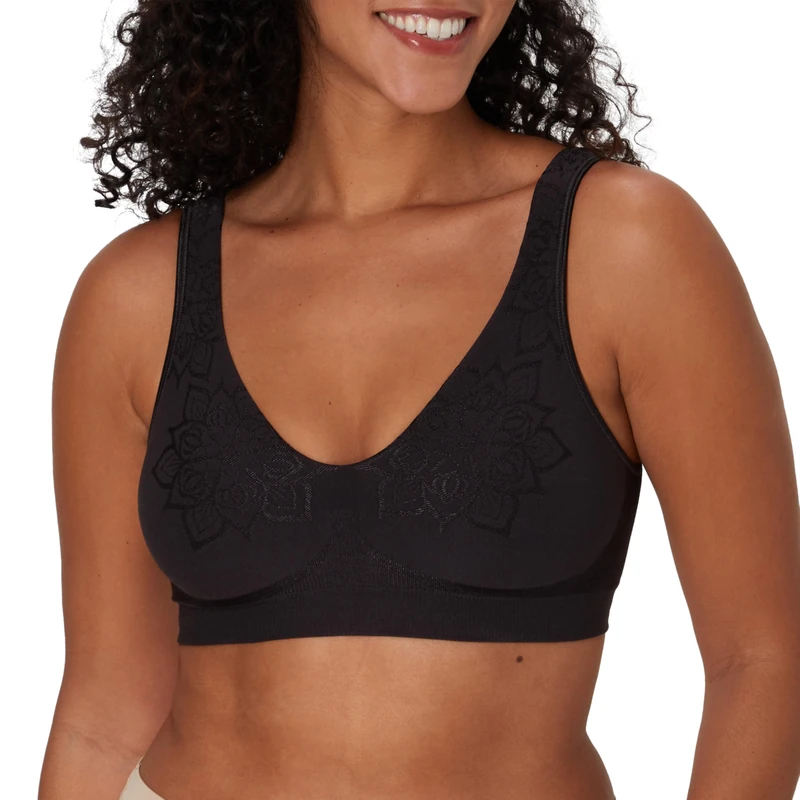 Bali Women's Comfort Revolution Wireless Bra, Full-Coverage Wirefree T-Shirt Bra, DF3484, Black Aztec, L