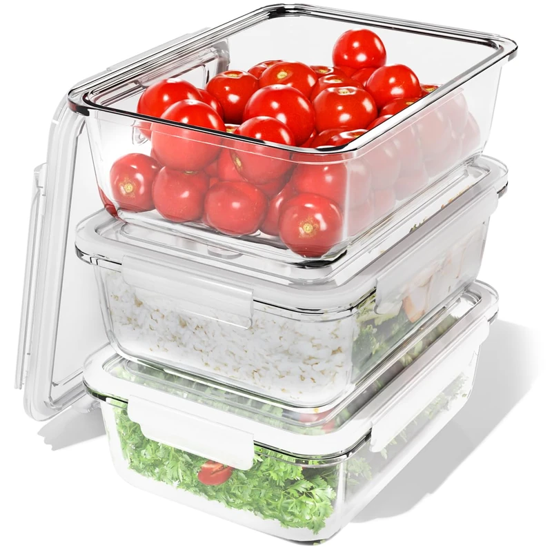 Classbach ® Meal Prep Boxes, glass containers with lids, set of 3 suitable for dishwasher, microwave and oven, food storage containers glass for healthy eating, 3x 1040ml - C-FHD 4020 G, transparent