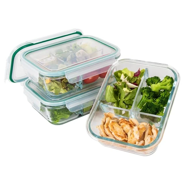 Classbach® Meal Prep Glass Boxes with Compartments | Set of 3 | Glass Containers with Lid | Suitable for Dishwasher, Microwave and Oven | Food Storage Containers Glass with Lid | Glass Jars with Lid