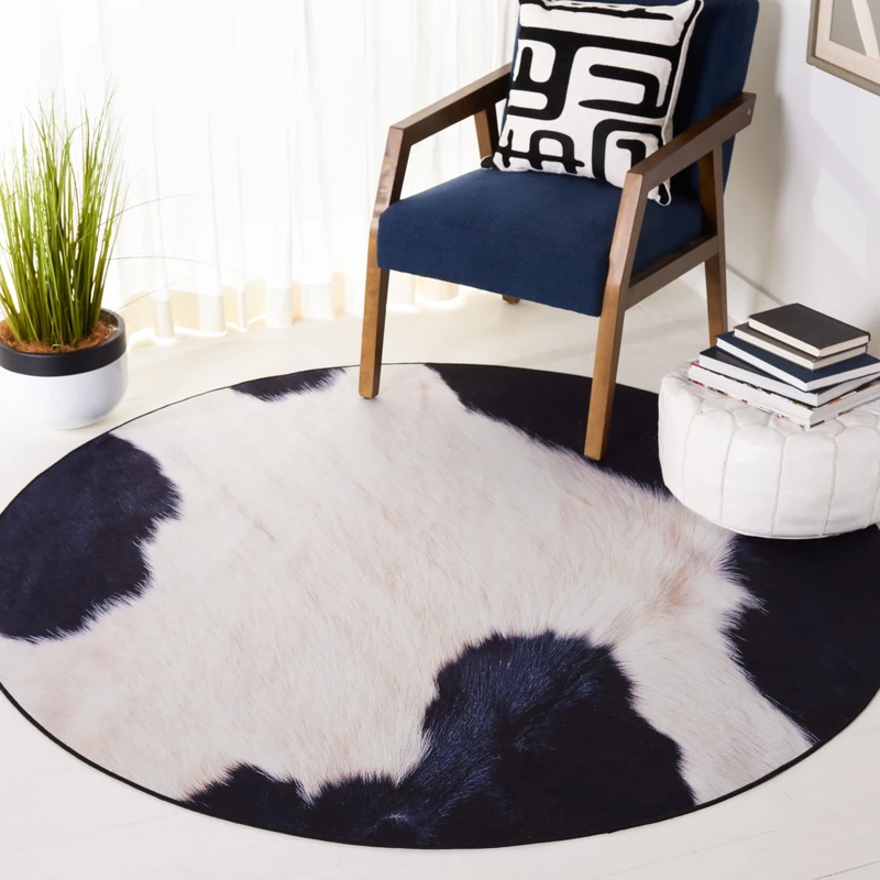 SAFAVIEH Geometric Rug Living Room, Dining Room, Bedroom - Machine Washable and Non Slip - Faux Hide Collection, Short Pile, in Ivory and Dark Blue, 183 X 183 cm
