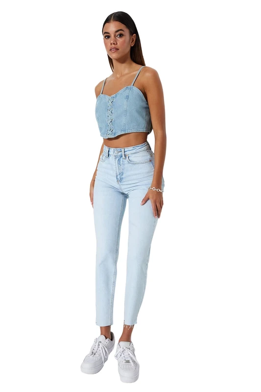 Trendyol Womens High Waist Straight Leg Mom Jeans Pants, Light Blue, 8 UK