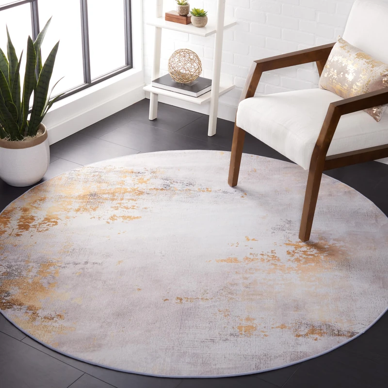Safavieh Abstract Rug Ideal for High Traffic Areas - Machine Washable and Non Slip - Tacoma Collection, Short Pile, in Grey and Gold, 183 X 183 cm