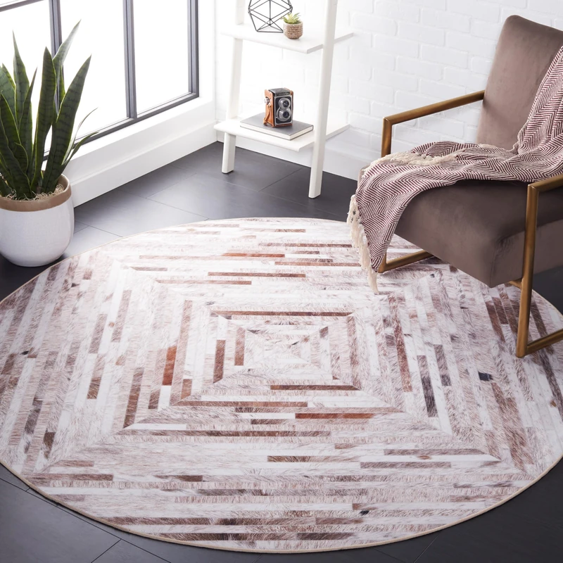 Safavieh Geometric Rug Living Room, Dining Room, Bedroom - Machine Washable and Non Slip - Faux Hide Collection, Short Pile, in Beige and Brown, 183 X 183 cm