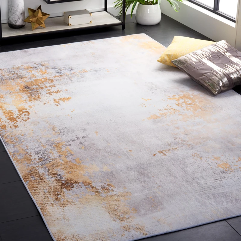 SAFAVIEH Abstract Rug Ideal for High Traffic Areas - Machine Washable and Non Slip - Tacoma Collection, Short Pile, in Grey and Gold, 183 X 183 cm