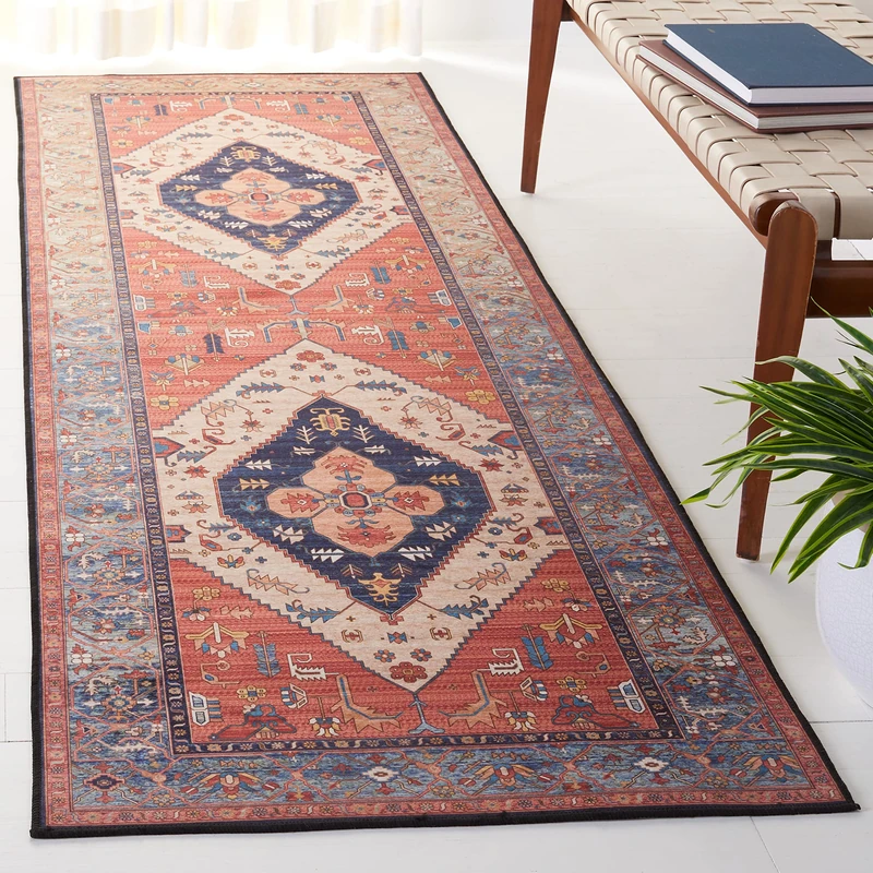 SAFAVIEH Traditional Rug Ideal for High Traffic Areas - Machine Washable and Non Slip - Tucson Collection, Short Pile, in Rust and Blue, 76 X 366 cm - Image 1