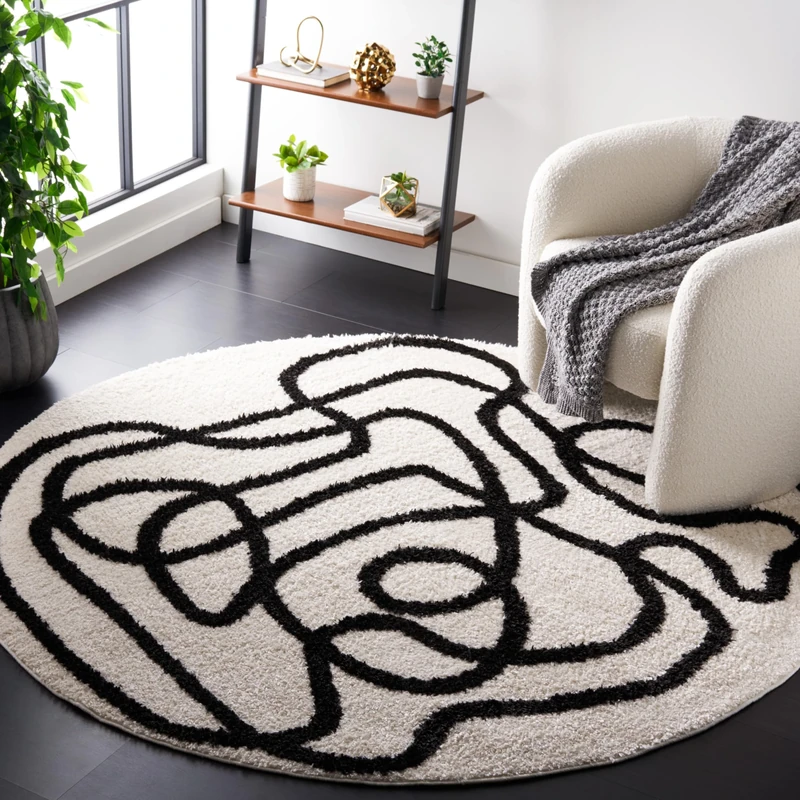 Safavieh Boho Rug for Living Room, Dining Room, Bedroom - Norway Shag Collection, High Pile, in Ivory and Black, 201 X 201 cm