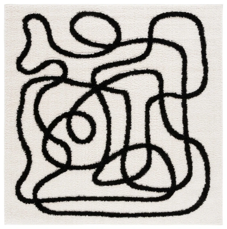 Safavieh Boho Rug for Living Room, Dining Room, Bedroom, Norway Shag Collection, High Pile, in Ivory and Black, 201 X 201 cm