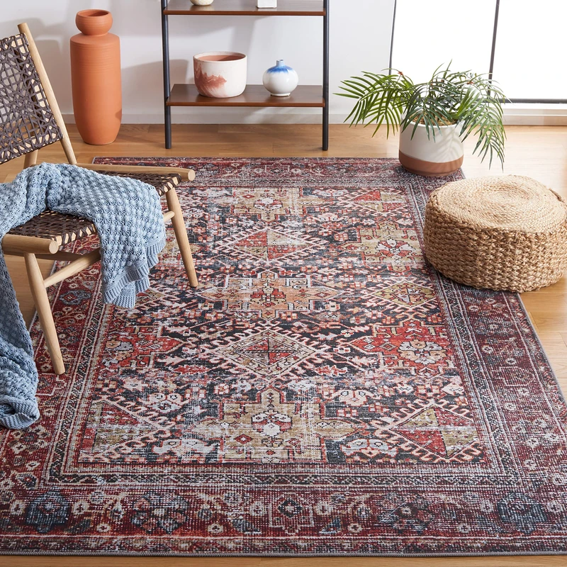 SAFAVIEH Traditional Rug Ideal for High Traffic Areas - Machine Washable and Non Slip - Tucson Collection, Short Pile, in Navy and Rust, 122 X 183 cm - Image 1