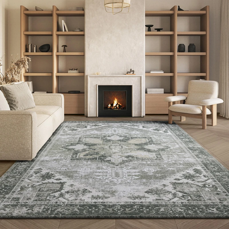 Safavieh Traditional Rug Ideal for High Traffic Areas - Machine Washable and Non Slip - Tucson Collection, Short Pile, in Dark Green and Beige, 244 X 305 cm