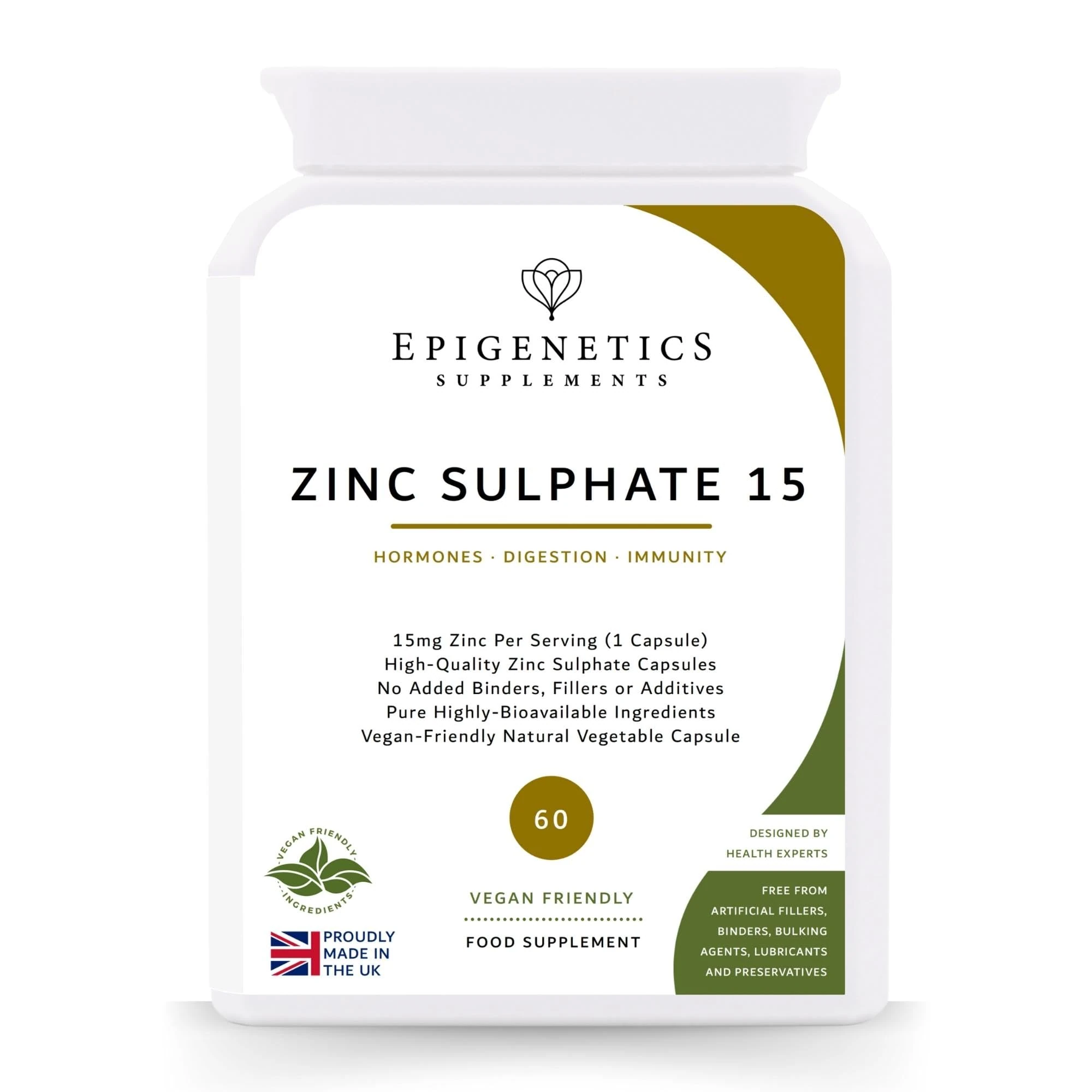 Zinc Sulphate Capsules | High Strength 15mg Zinc Sulphate Supplements for Men & Women | Bioavailable Mineral Supplement | 2 Months Supply, 60 Vegan Capsules, Made in UK by Epigenetics