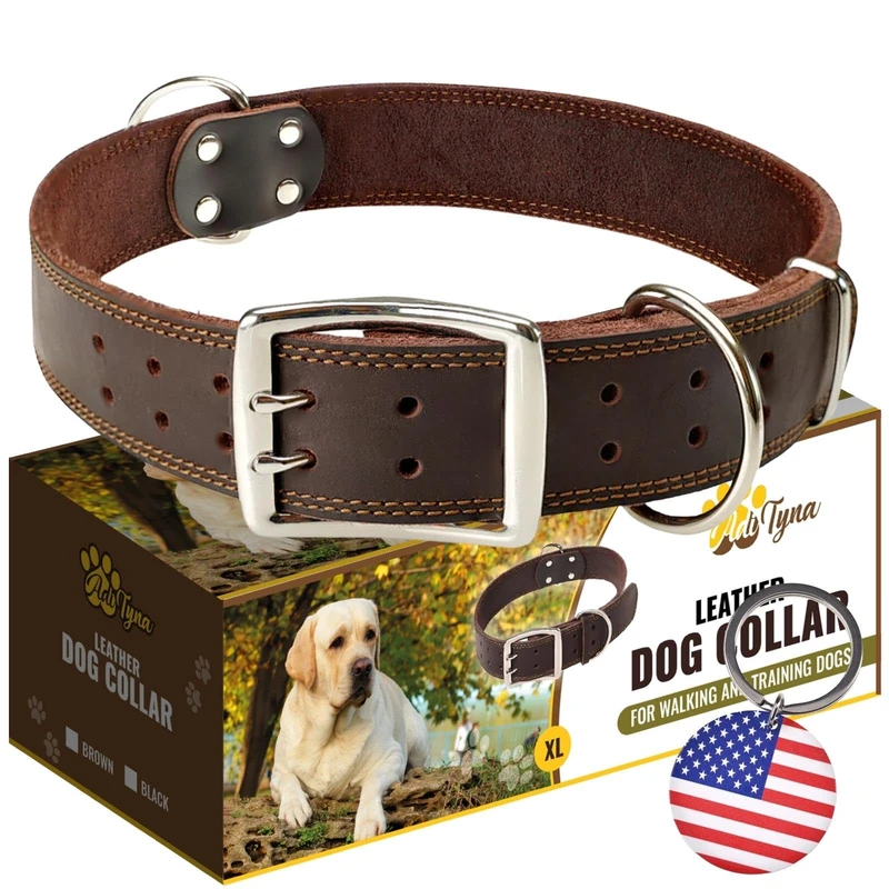 ADITYNA Big Leather Dog Collar - XXL Dog Collar for Giant Breeds Such as Mastiff (Giant: Fit 30" - 36" Neck, Brown) - Image 1