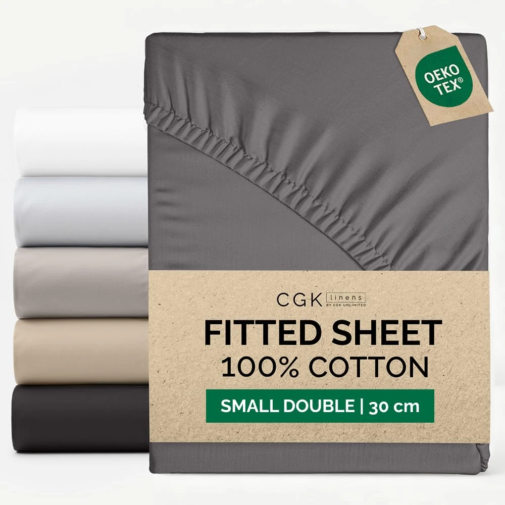 Small Double Fitted Sheet 120x190 cm - 100% Cotton Sateen 400 Thread Count - Deep Fitted Sheet for Mattresses up to 30 cm (12")- Soft, Breathable & Wrinkle Free - Hotel Quality - OEKO-TEX - Dark Grey