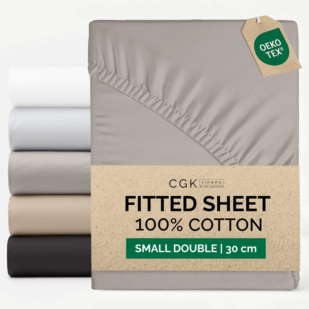 Small Double Fitted Sheet 120x190 cm - 100% Cotton Sateen 400 Thread Count - Deep Fitted Sheet for Mattresses up to 30 cm (12")- Soft, Breathable & Wrinkle Free - Hotel Quality - OEKO-TEX - Light Grey