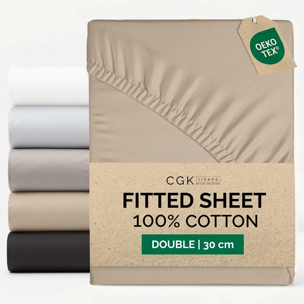 Double Fitted Sheet 135x190 cm - 100% Cotton Sateen 400 Thread Count - Deep Fitted Sheet for Mattresses up to 30 cm (12")- Soft, Breathable & Wrinkle Free - Hotel Quality - OEKO-TEX - Cream
