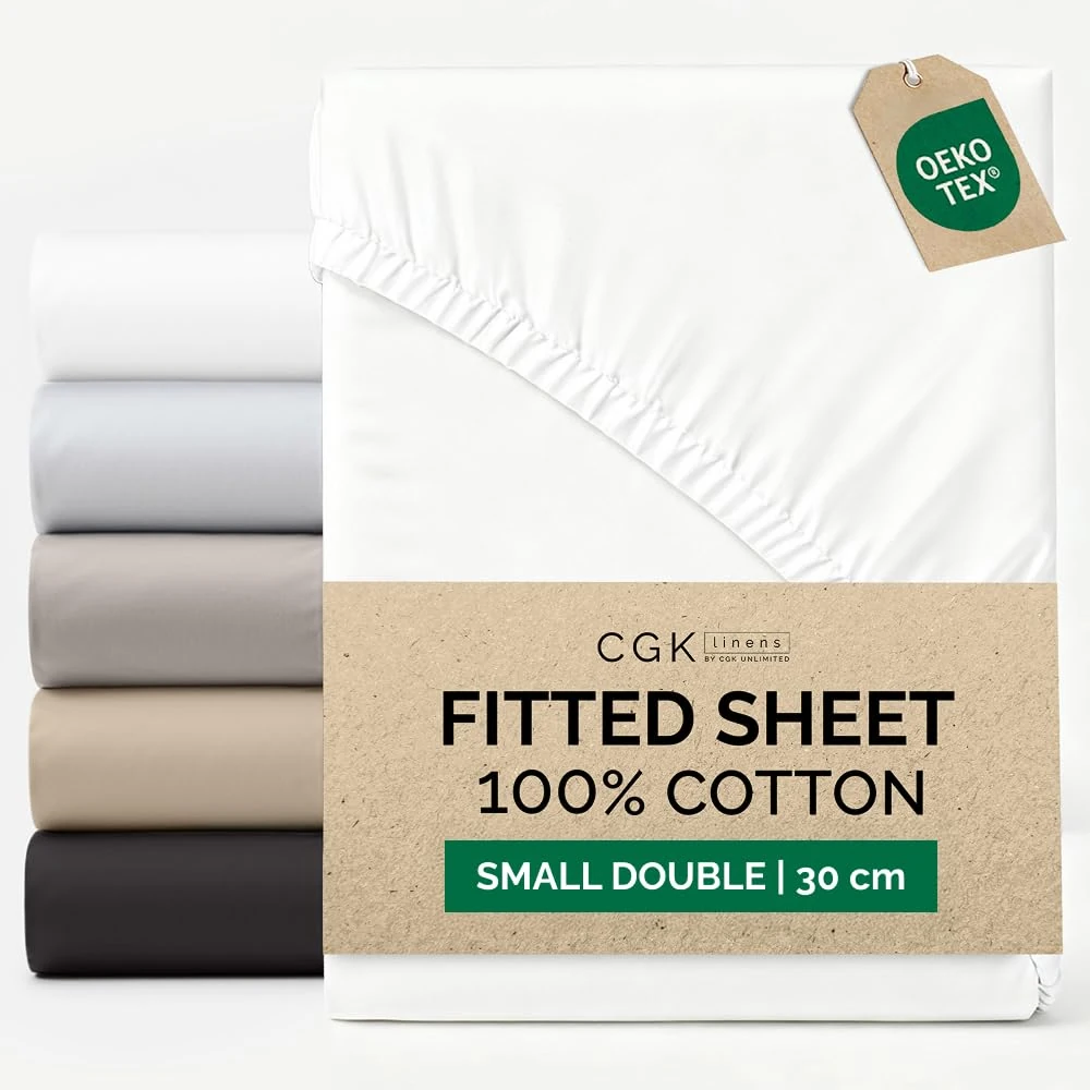 Small Double Fitted Sheet 120x190 cm - 100% Cotton Sateen 400 Thread Count - Deep Fitted Sheet for Mattresses up to 30 cm (12")- Soft, Breathable & Wrinkle Free - Hotel Quality - OEKO-TEX - White