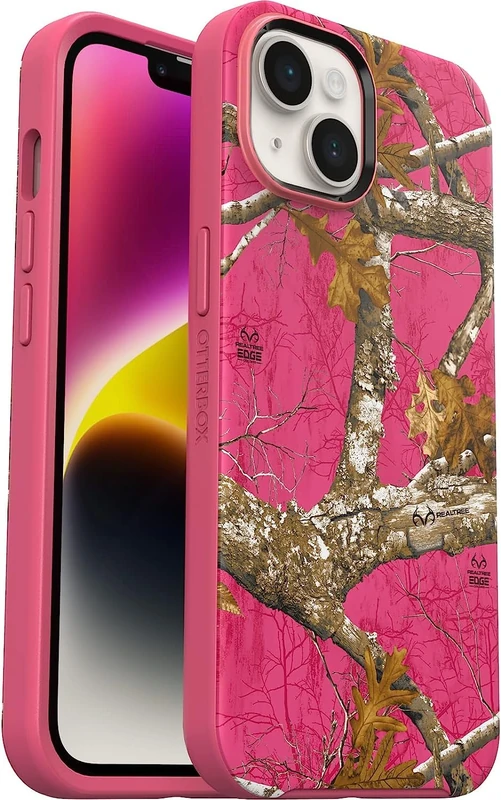 OtterBox iPhone 14 & iPhone 13 Symmetry Series+ Case - REALTREE FLAMINGO PINK (Camo) (GEN 2), ultra-sleek, snaps to MagSafe, raised edges protect camera & screen
