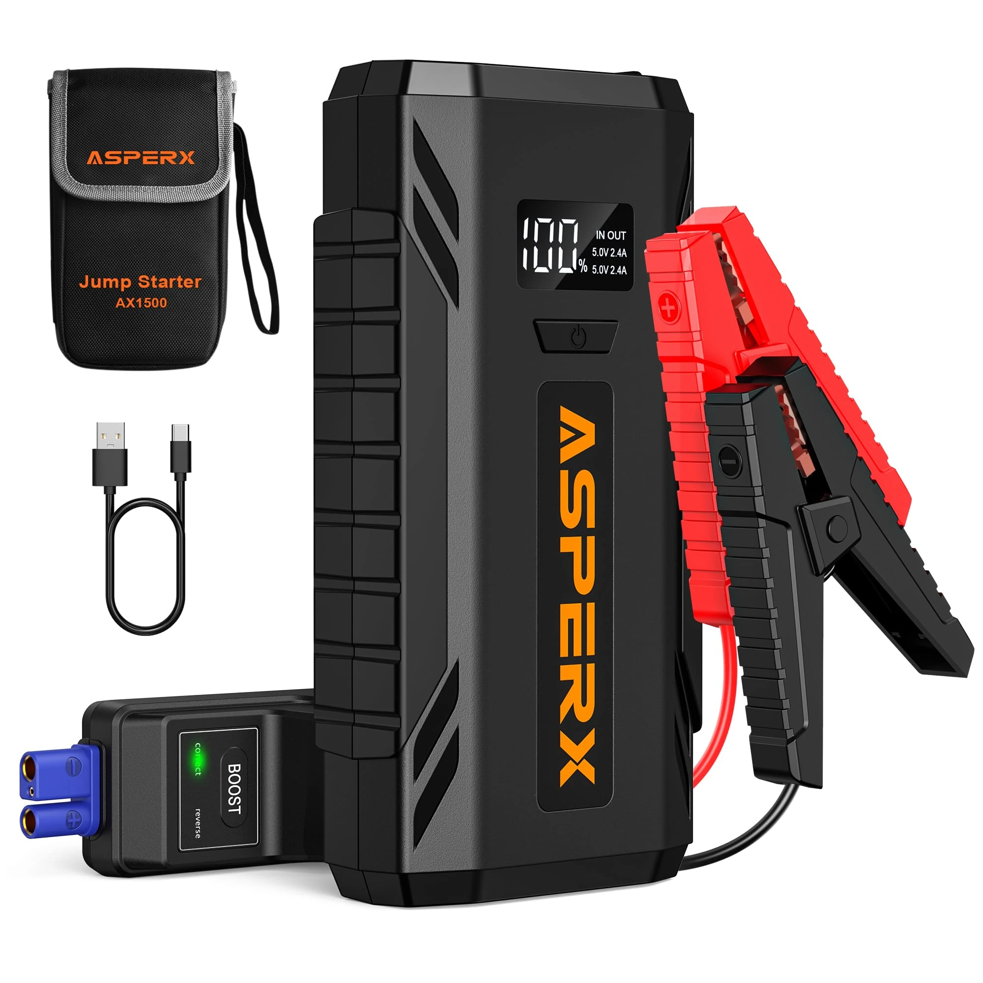 ASPERX Jump Starter Power Pack(Up to 7L Gas/5.5L Diesel), Car Battery Booster Jump Starter with Jump Leads,LED Flashlight &1.4 INCH LCD Display,Jump Pack for 12V Vehicles Pickup SUV Motorcycle