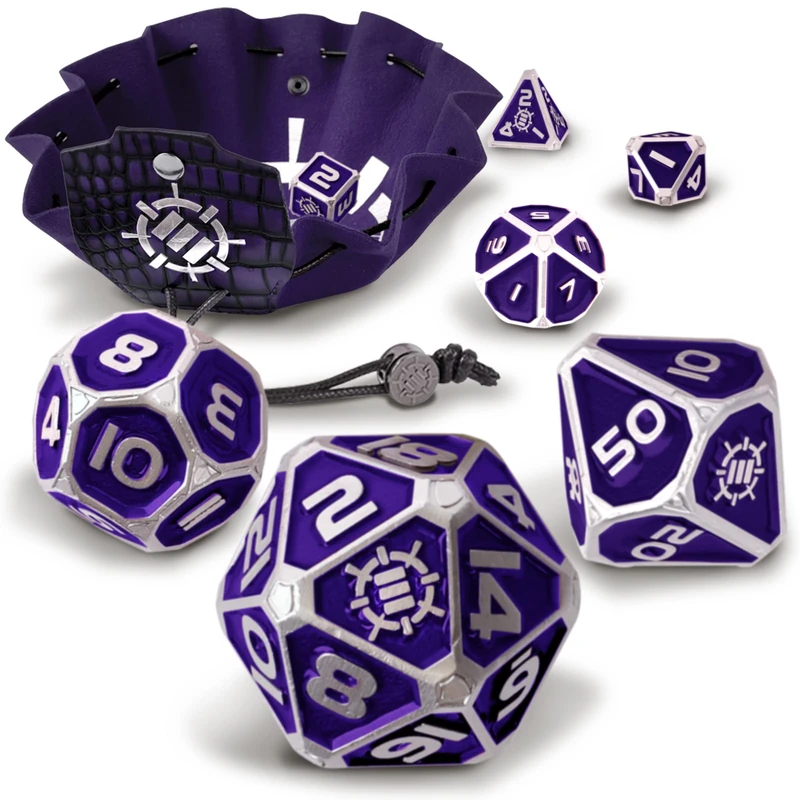 ENHANCE DnD Metal Dice Set - 7pc Polyhedral Dice with 2-in-1 Vegan Leather Dice Bag and Dice Tray, Solid Metal D&D Dice Set for Dungeons and Dragons, Pathfinder, more RPGs (Collector's Edition Purple)