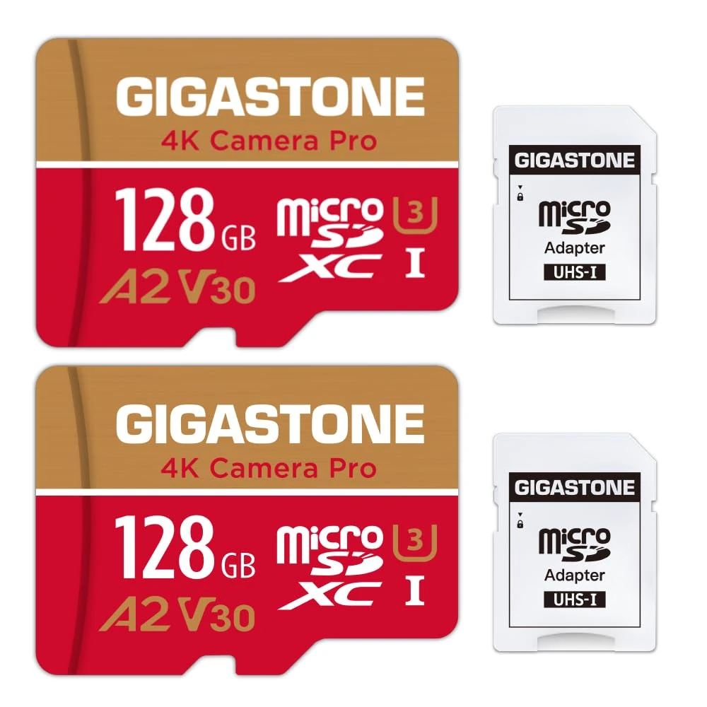 [5-Yrs Free Data Recovery] GIGASTONE 128GB Micro SD Card 2 Pack, Camera Pro MAX, Up to 120/80 MB/s, MicroSDXC Memory Card for DJI, Gopro, Insta360, Dashcam, 4K Video UHS-I A2 V30 U3 C10 with Adapter