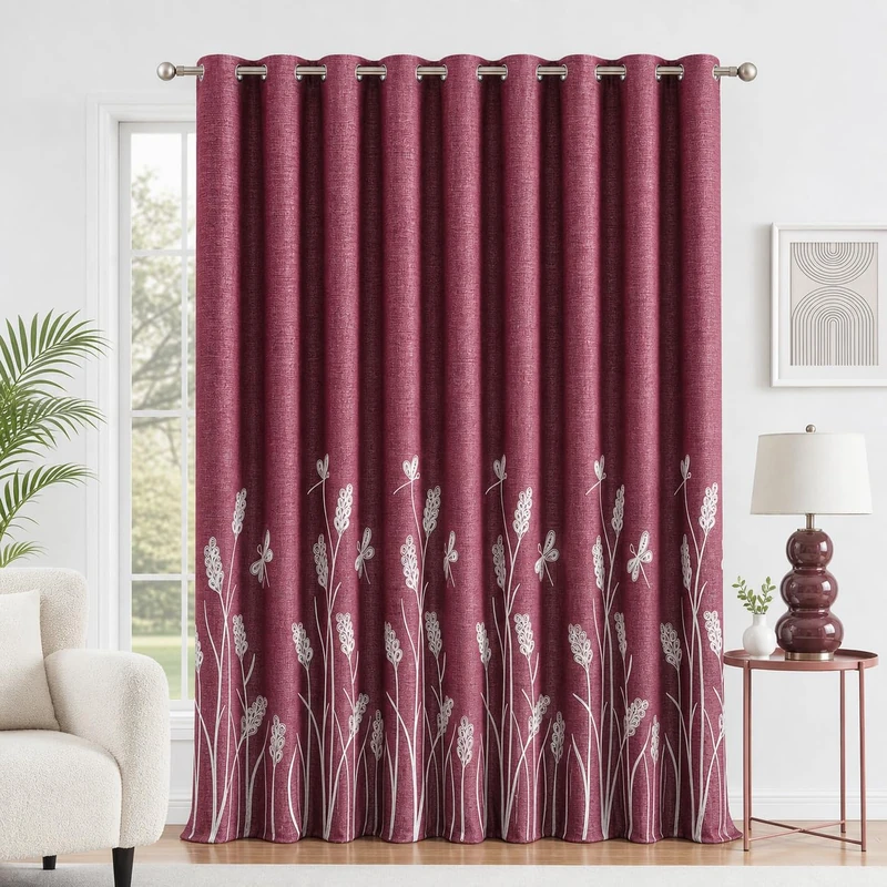 Melodieux Extra Wide Embroidery Curtain for Patio Sliding Door, Living Room Farmhouse Floral Patterned Room Darkening Linen Textured Grommet Drape, White Wheat/Burgundy, 100" W x 84" L, 1 Panel