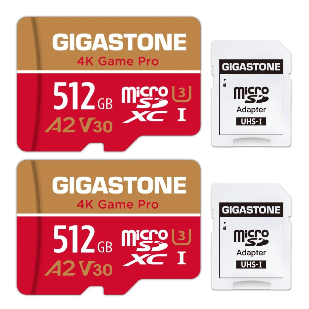 [5-Yrs Free Data Recovery] GIGASTONE 512GB Micro SD Card 2 Pack, Game Pro MAX, Up to 160/100 MB/s, for Nintendo-Switch 1, SteamDeck, 4K UHD Video, UHS-I A2 V30 U3 C10 with Adapter
