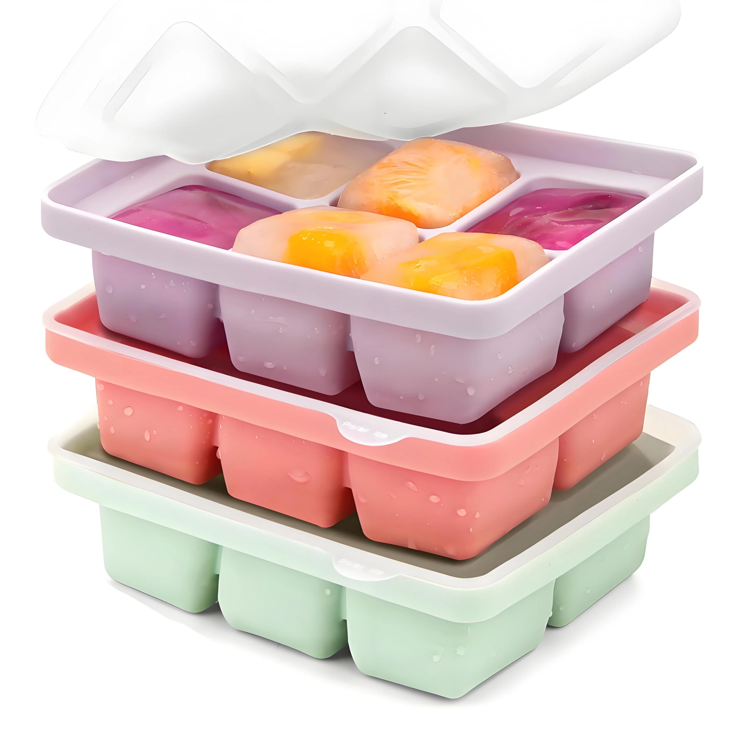 Nelbons 3Pcs Ice Cube Tray,Easy-Release Silicone Large Ice Moulds with Removeable Lids,Perfect for Chilled Drinks,Freezer,Baby Food,Whiskey and Cocktail, BPA Free (PPG) (lzh) BG-FZL (1, 3Pack)