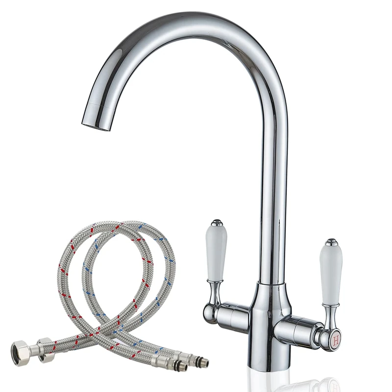 Kitchen Taps Mixer Chrome Surface Brass Material Dual Lever 1 Hole for Kitchen Sink or Bar with UK Standard Fitting Hoses Hot and Cold Mixer Taps