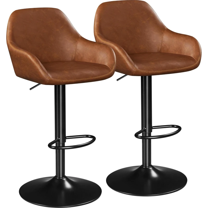 Yaheetech Bar Stools Set of 2, Height Adjustable Swivel Barstools, PU Leather Upholstered Bar Chair with Backrest, Armrests and Footrest for Home Kitchen, Retro Brown