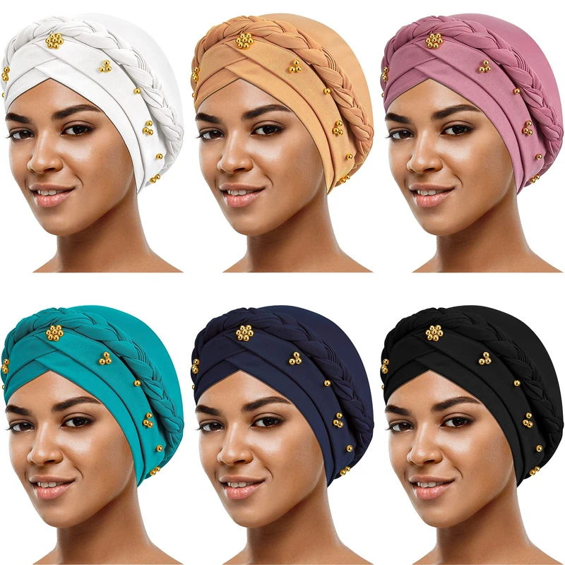 6 Pieces African Women Turban Cap Beaded Headscarf Beanie Twisted Braid Wrap Hat Faux Pearl Headwrap (Black, White, Lake Blue, Pink, Khaki, Navy Blue, Bead Style), Black