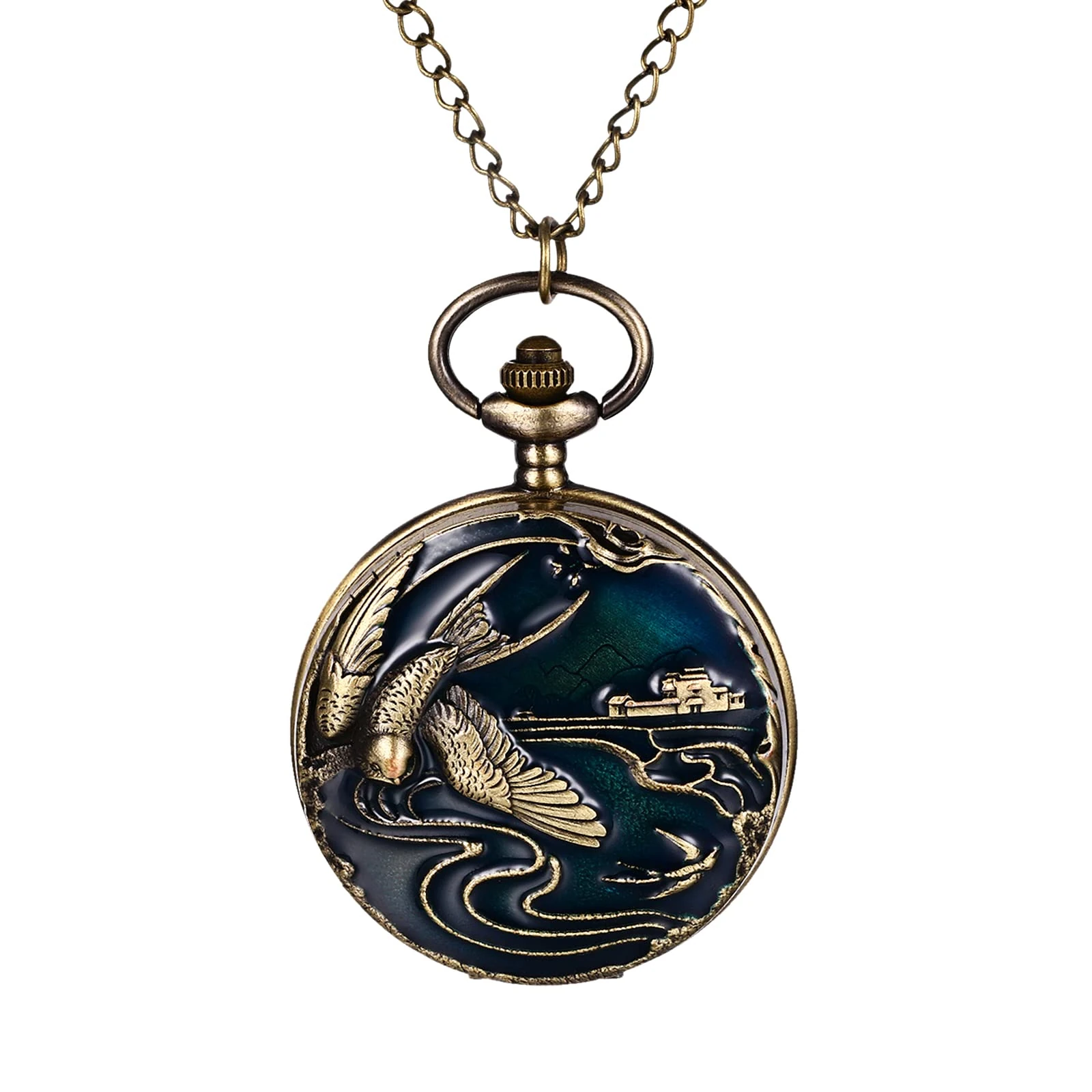 JewelryWe Quartz Pocket Watch for Men Women Vintage Stylish Swallow Pattern Carved Pendant Necklace Watch