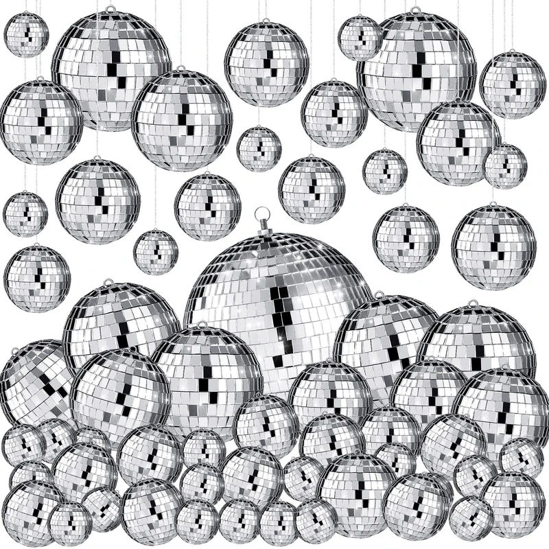 Funtery 100 Pcs Bulk Silver Mirror Disco Ball Ornaments in Various Sizes Hanging Disco Balls Decorations for Christmas Tree Dance Music 50s 60s 70s Themed Party