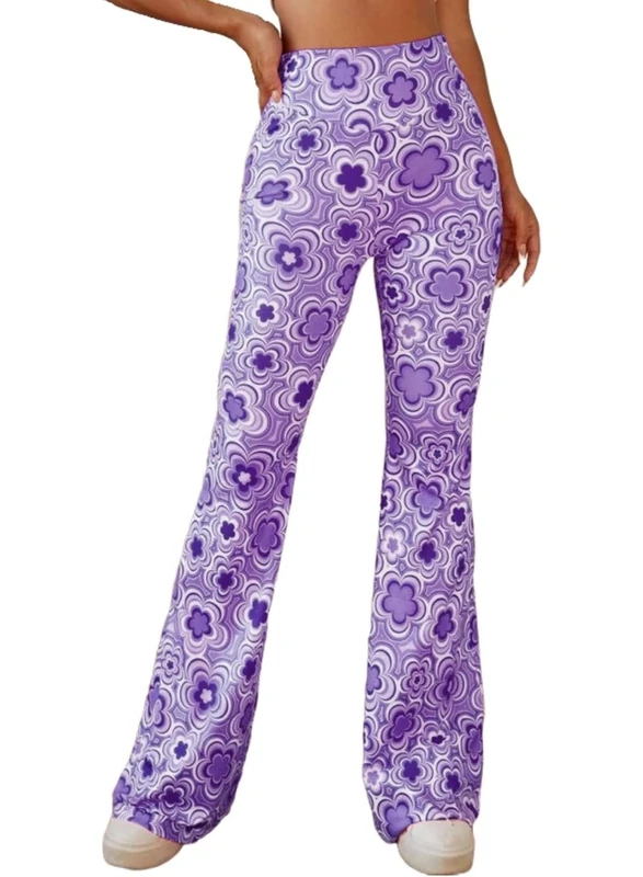 EVELUST 70s Flare Pants for Women - Fancy Dress Costume Adult Rave Festival Outfits Wide Leg Leggings High Waist Hippie Bell Bottom Disco Costume Yoga Trousers (Purple, XL, 1050w)