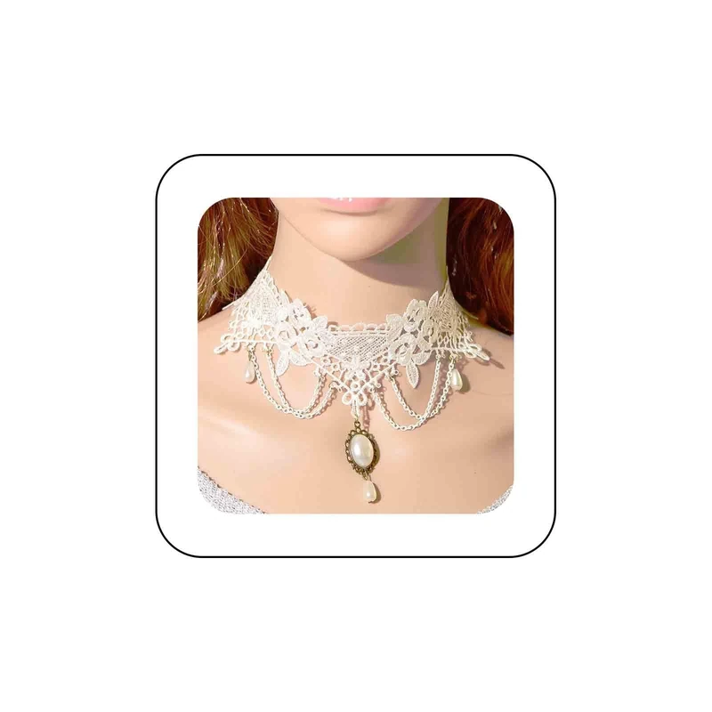 Aneneiceera Vintage Gothic Lace Choker - White Pearl Beaded Pendant Tassel Necklace for Women & Girls