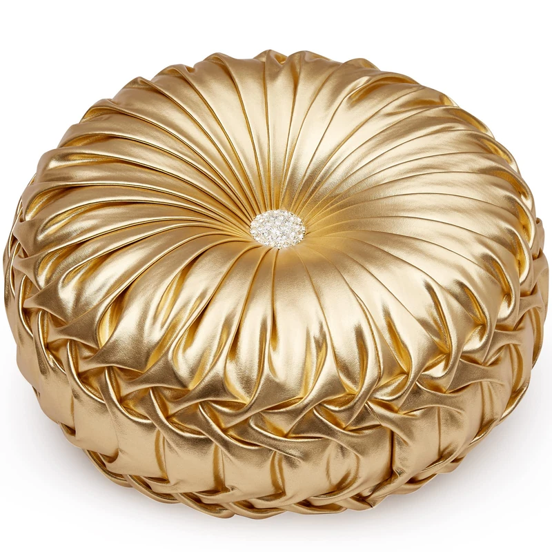EUCIOR Round Throw Pillows,Circular Pillow,Pumpkin Pleated Handmade Metallic Throw Pillows,Gold Pillows,Modern Leather Decorative Pillows for Home Decor Bedroom Living Room Couch Bed Sofa (Gold) - Image 1