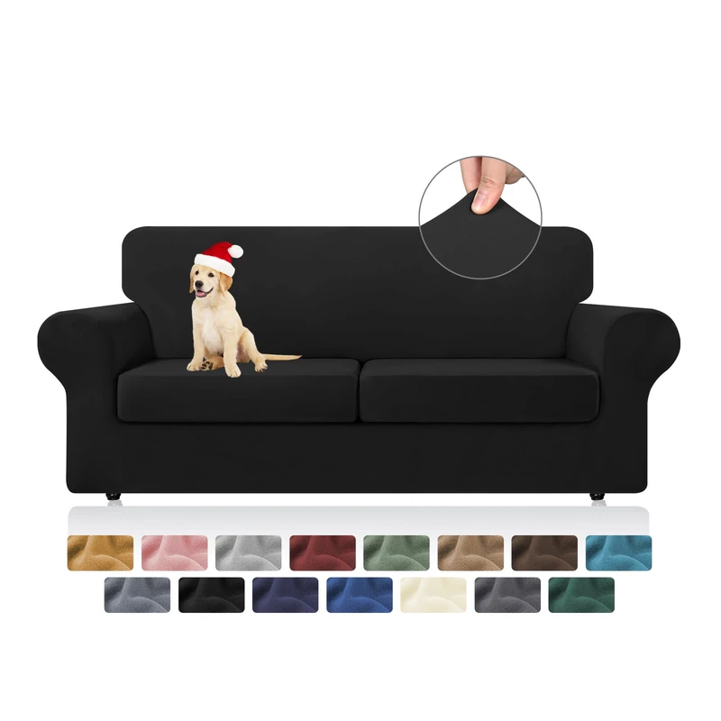 KEKUOU 3 Pieces Stretch Couch Covers for 2 Cushion Couch Sofa, Sofa Cover Slipcover for 2 Separate Cushion Couch with Soft Elastic Furniture Protector for Dog, Kids (Loveseat,Black)