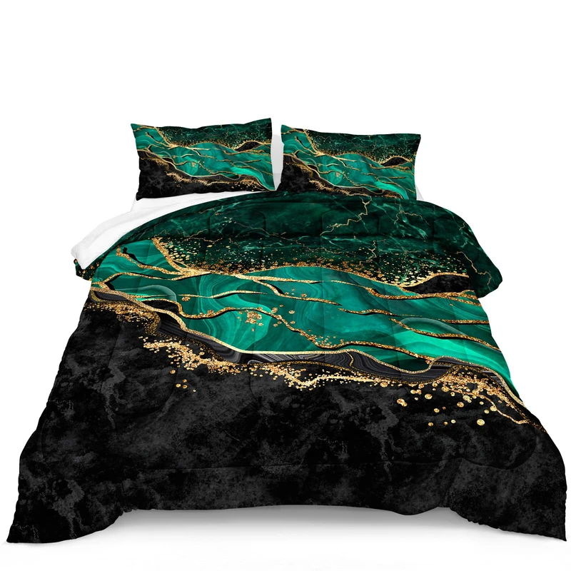 Green Gold King Size Comforter Set, Black Marble Bedding Set, Emerald Green King Bed Comforter Set Abstract Home Decor