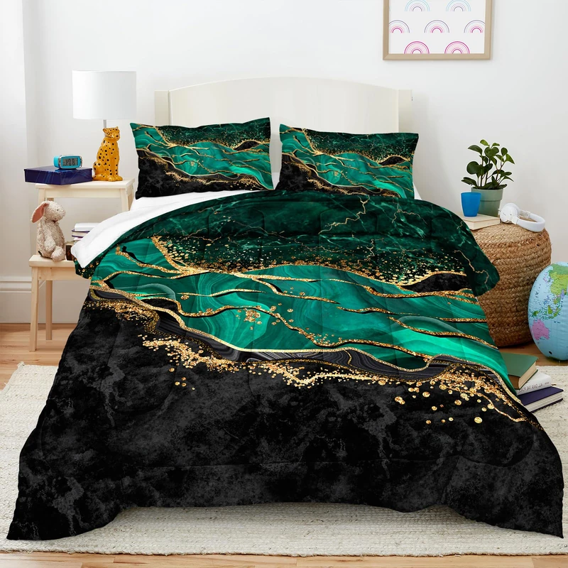 Queen Comforter Set Emerald Green, Marble Bedding Comforter Set, Metallic Foil Print Black Gold Bedding Dark Green Abstract Modern Comforter Set
