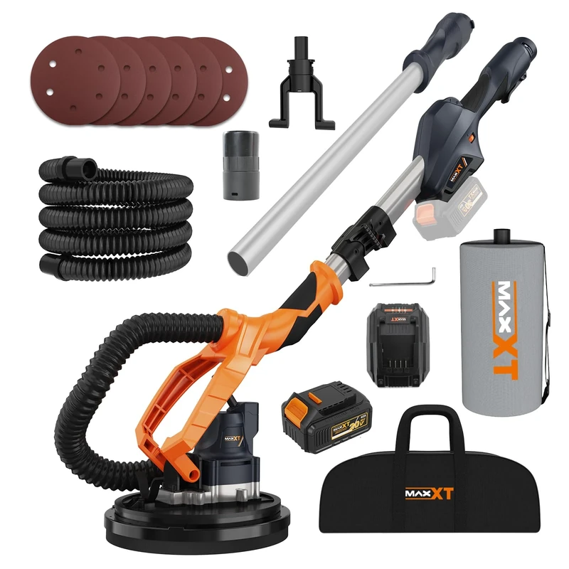 MAXXT 20V Brushless Cordless Wall Sander: 600-1200 RPM stepless speed control, self-extraction dust system, 225mm disc for efficient sanding, foldable design (extends 110-165cm) for walls and ceilings