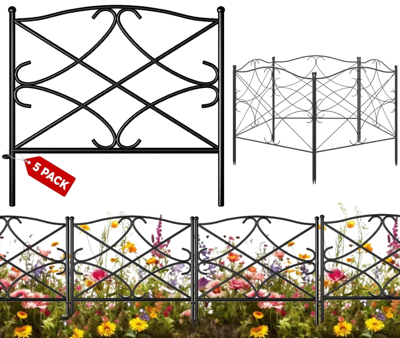 Idzo Heavy Duty Solid Steel 24in x 10ft (5 Panels) No Dig Decorative Garden Fence, Rustproof Metal Garden Fence Border for Outdoor Yard Patio, Small Animal Barrier Fence for Dog Rabbit Pet