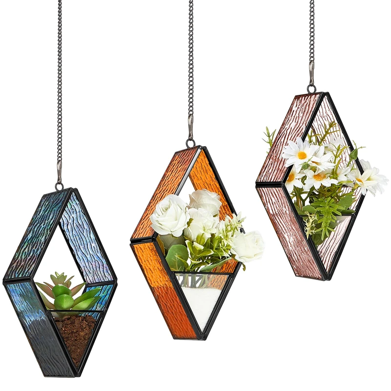 Yaomiao 3 Pcs Stained Glass Hanging Plant Terrariums Hanging Glass Planter Small Geometric Terrarium Air Plant Terrarium with Chain for Succulent Moss Holders Garden Wall Windowsill (Vivid Color)