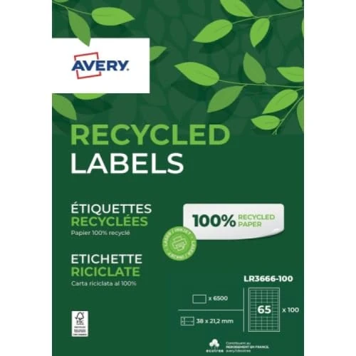 AVERY - 6500 White Customizable Self-Adhesive Labels - 100% Recycled - Format 38 x 21.2mm - Laser and Inkjet Printing