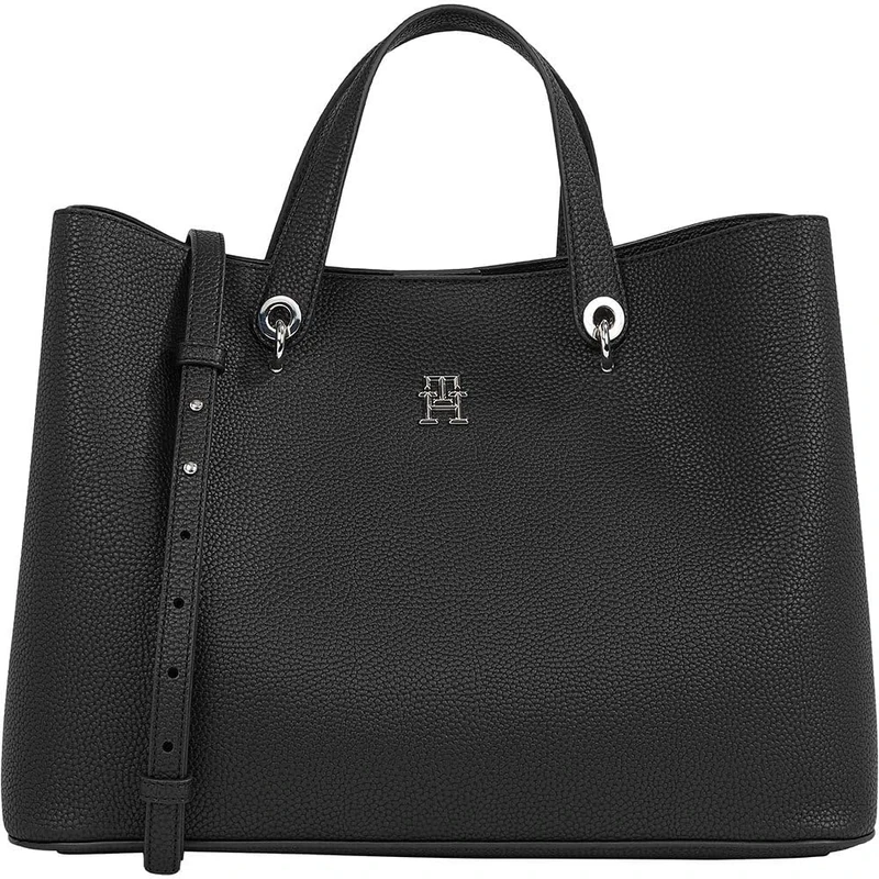Tommy Hilfiger Women’s Emblem Satchel Bag with Detachable Shoulder Strap, Black (Black), One Size