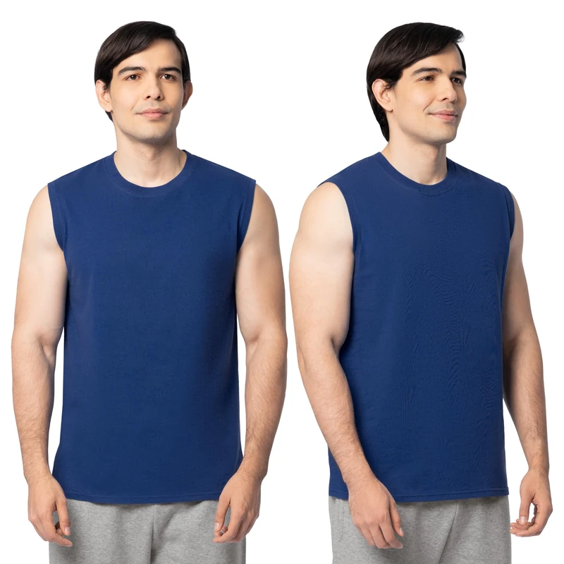 Fruit of the Loom Men's Eversoft Cotton Sleeveless T Shirts, Breathable & Moisture Wicking with Odor Control, Sizes S-4x Undershirt, Muscle-2 Pack-Blue, XXL (Pack of 2)