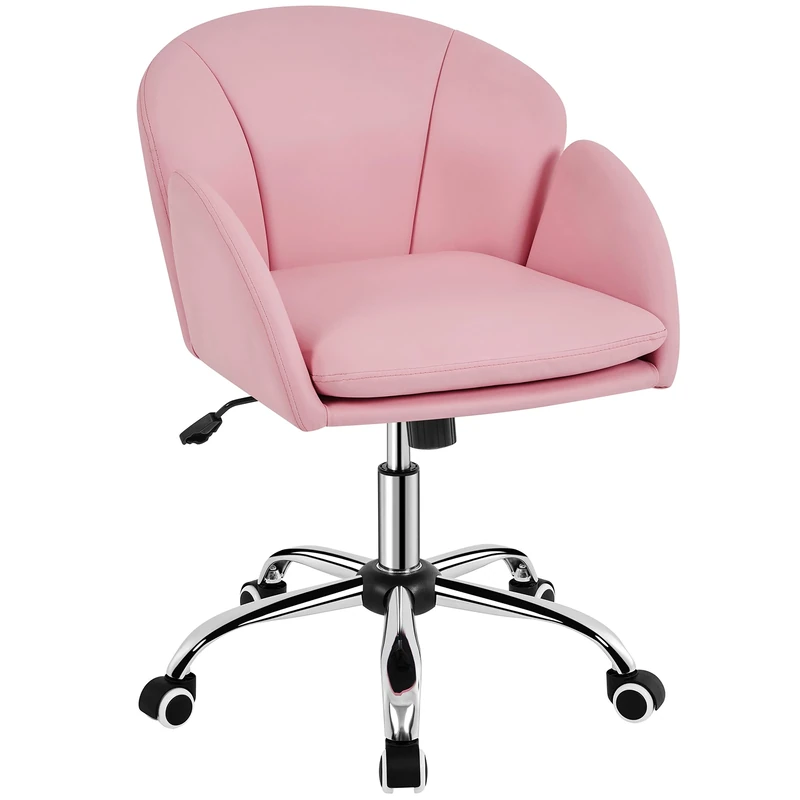 Yaheetech Pink Cute Vanity Desk Chair Modern Swivel Rolling Computer Chair with Armrests for Living Room, Bedroom, Makeup Room Simple Pink