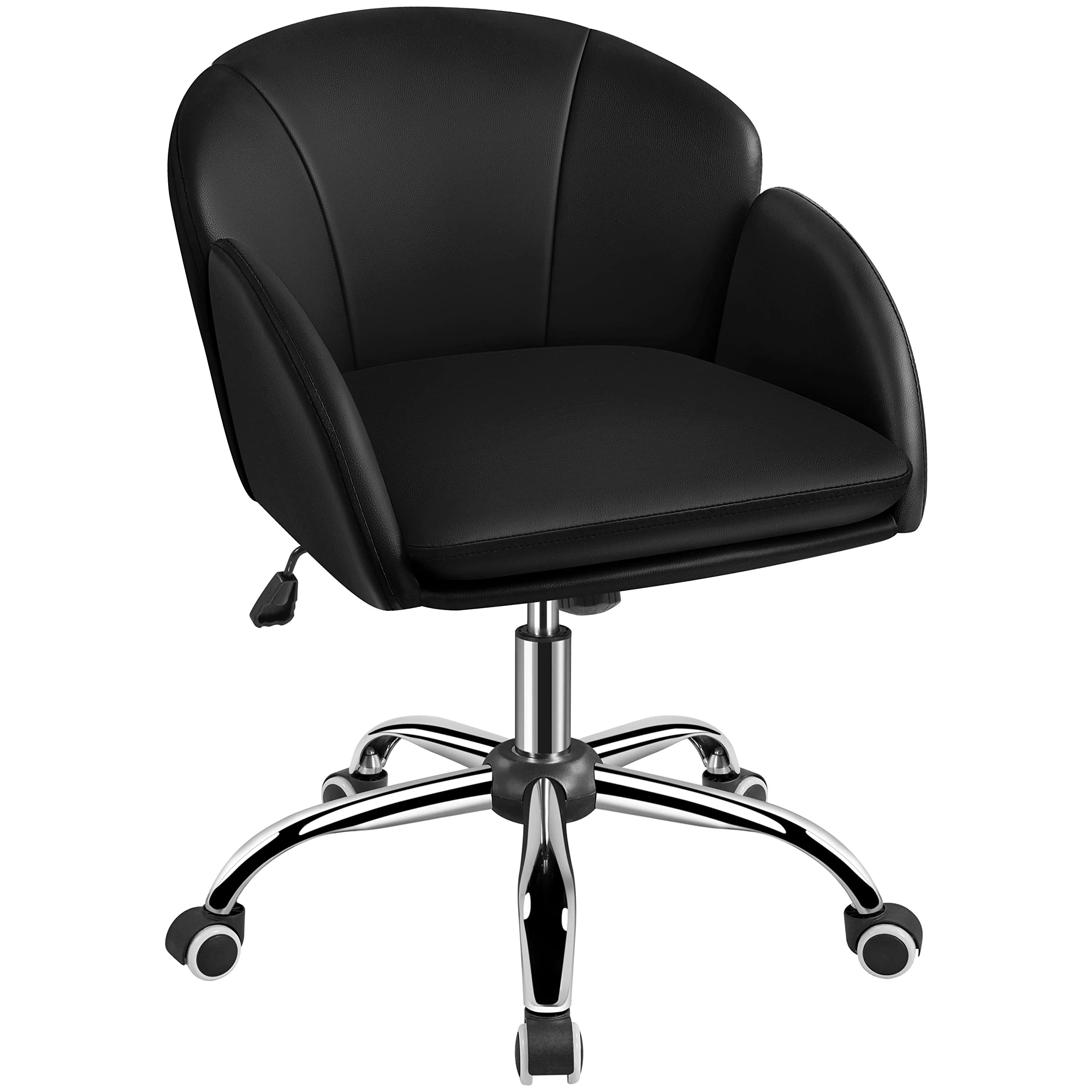 Yaheetech Computer Chair Leather Desk Chair Cute Makeup Vanity Chair with Armrests for Bedroom Modern Swivel Rolling Chair Black