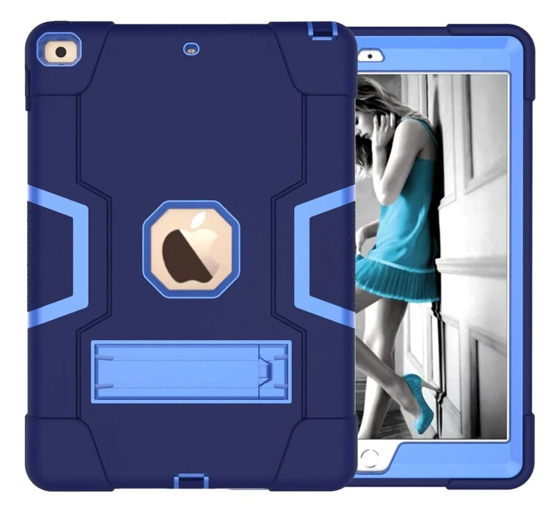 iPad 12.9 (2018/2020/2021) Generation Case with Kickstand, Durable Heavy Shock Back Hybrid Harthybrid Three Layer Protective Cover iPad Tablet Silicone Case (Navy Blue+Blue)