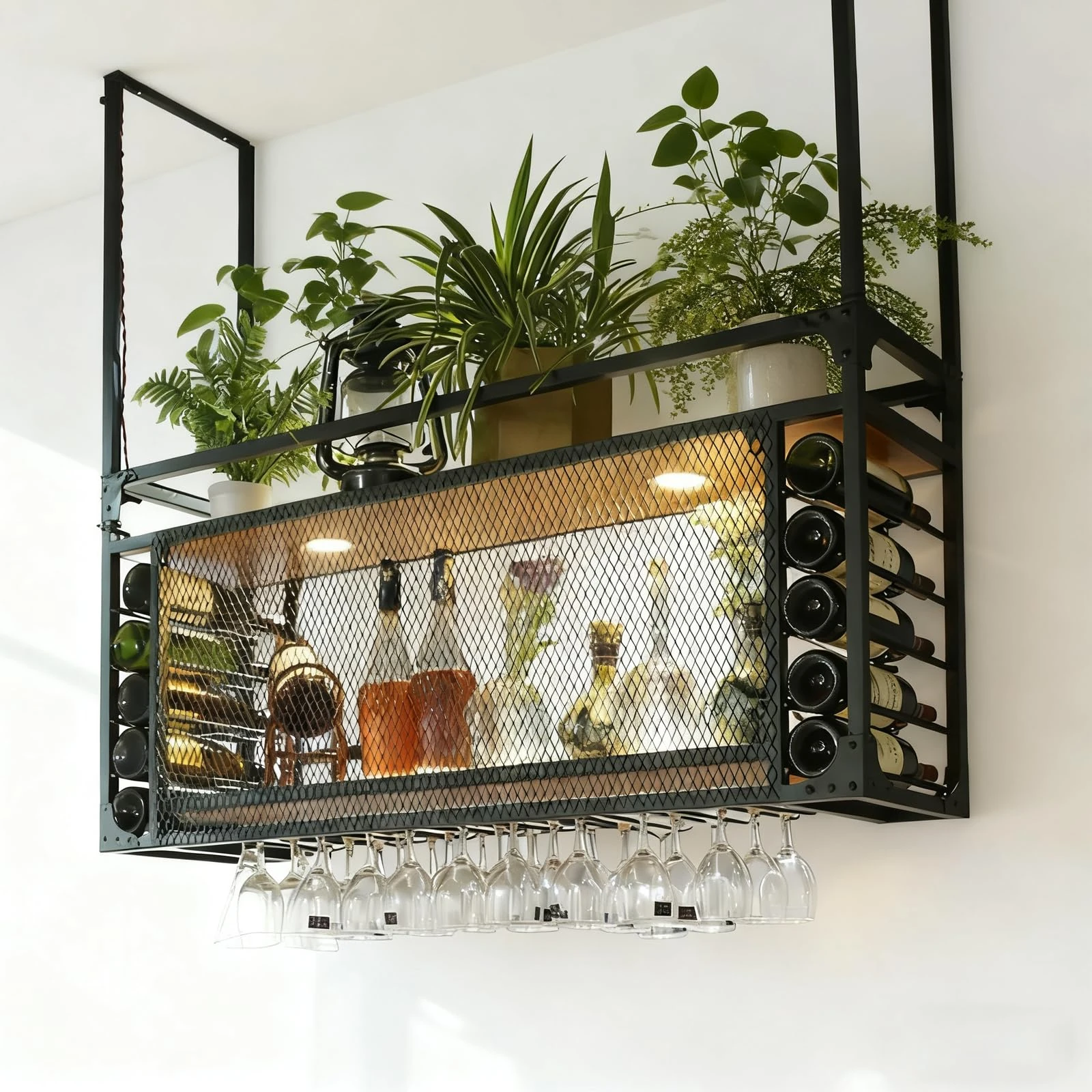 Modern Metal Wall Mounted Wine Display Rack, Large Capacity Ceiling Wine Rack, Can Hanging Or Wall Mounted, Simple Type With Light Wine Rack For Bar, Restaurant, Indoor (BLACK, 160*30*55+40cm)